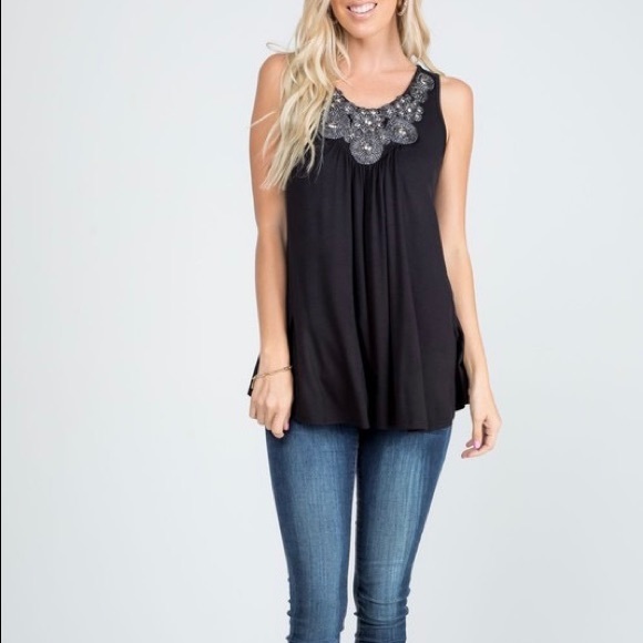 LUREX BEADED NECK TRIM SOLID JERSEY TANK TOP - Picture 2 of 4